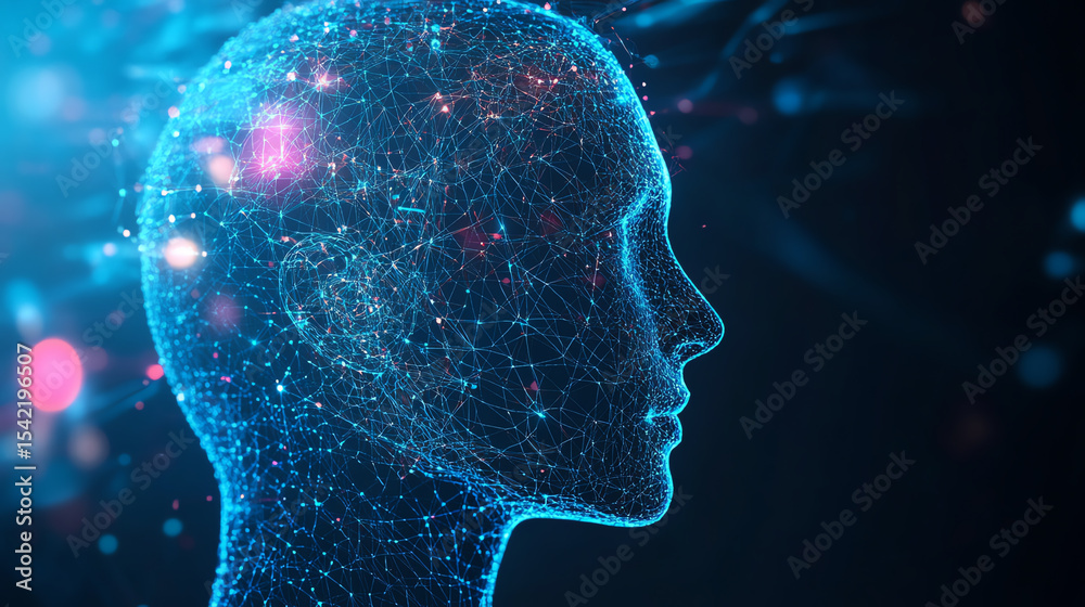 Poster Futuristic digital profile of a human head, showcasing interconnected data points and glowing particles, symbolizing artificial intelligence.