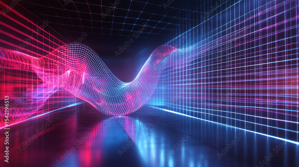 Poster Futuristic digital wave with vibrant neon colors creating a mesmerizing visual effect, perfect for tech and design themes.