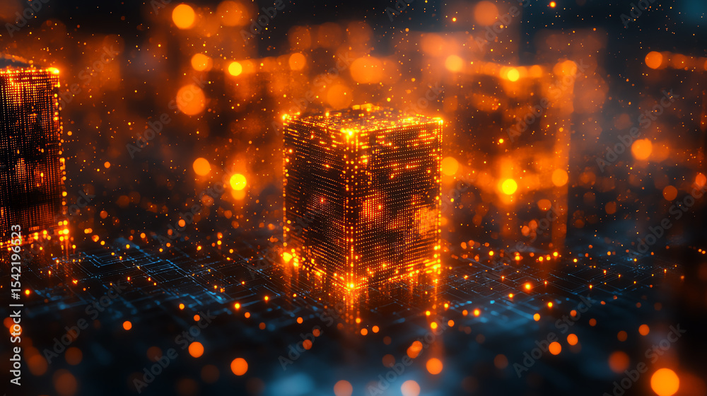 Poster futuristic glowing cubes create an immersive digital landscape, showcasing advanced technology and i