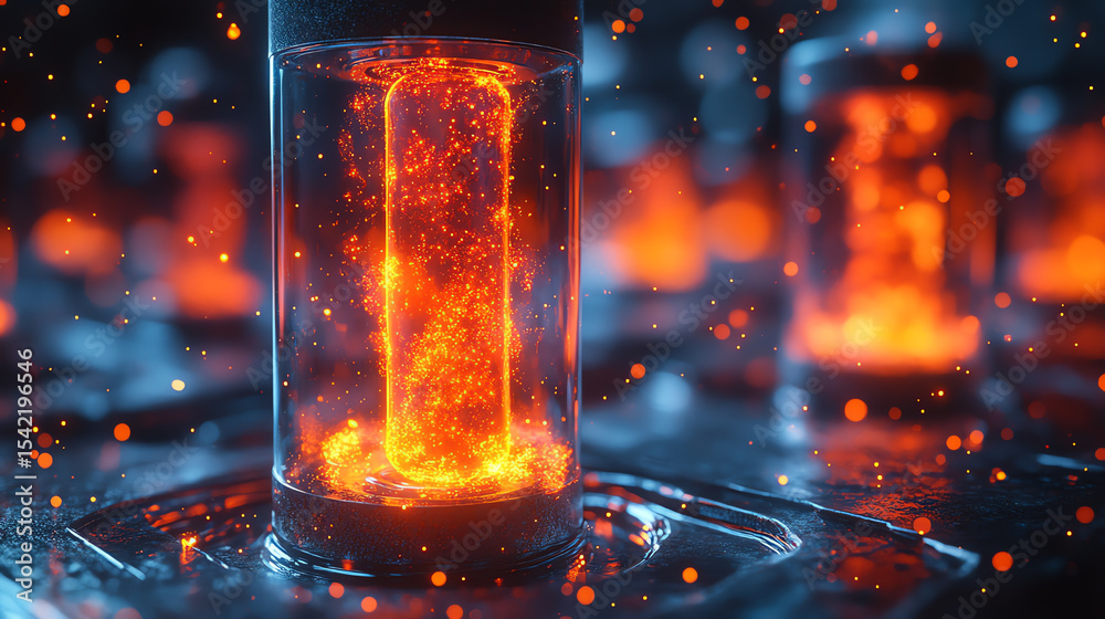 Poster Futuristic glowing energy source in a transparent container, highlighting advanced technology and innovation in a vibrant environment.