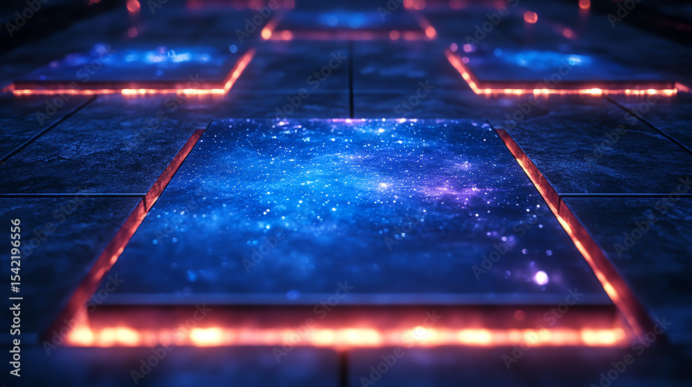 Poster futuristic glowing tiles with a cosmic pattern, ideal for sci-fi art, technology concepts, or video 