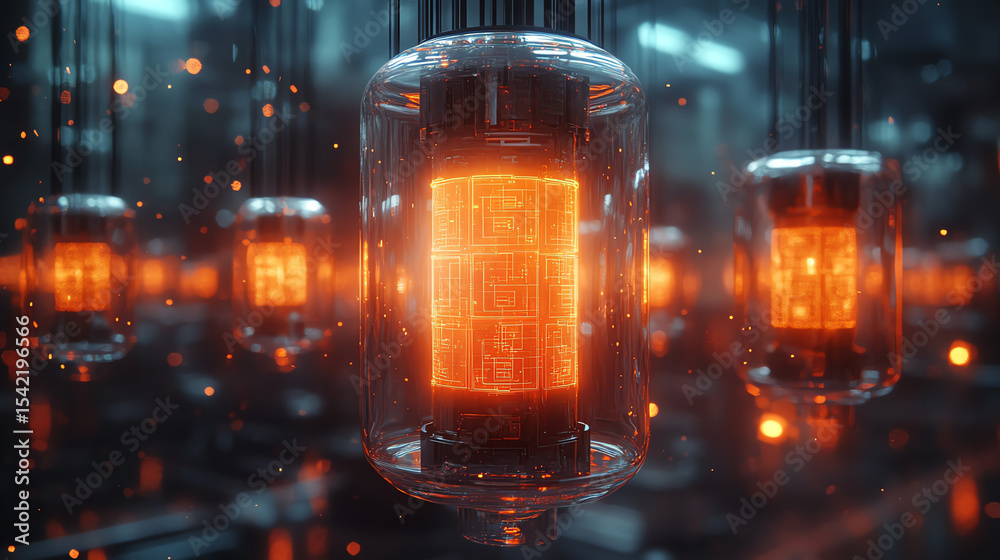 Poster futuristic glowing tubes with orange light, representing advanced technology and innovation in a dig