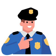 Friendly cartoon police officer pointing, vector illustration, blue uniform