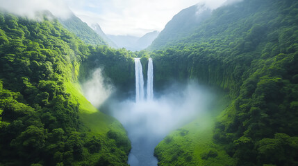 Fototapeta premium Stunning aerial view of a majestic waterfall surrounded by lush greenery and mist, showcasing the beauty of nature's tranquility.
