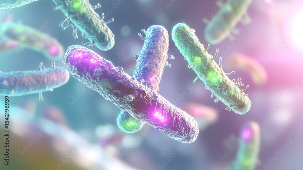 Poster vibrant 3d representation of bacteria, showcasing their intricate shapes and colors in a microscopic