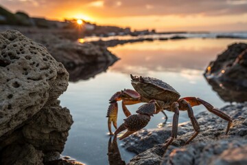 Crab Walking Along Rocky Shoreline at Sunset - Close-Up View of Nature's Beauty