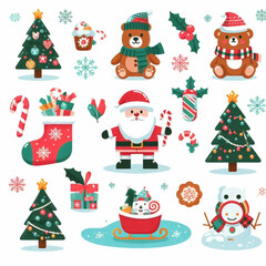 Festive holiday illustration with Christmas tree Santa  holiday icons