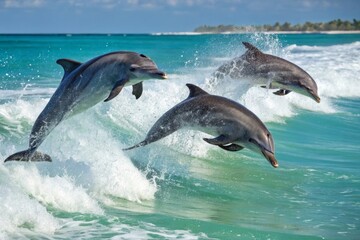 Dolphins Leaping in the Surf, Ocean, Action Shot, Tropical Paradise, Dynamic View, Playful Behavior