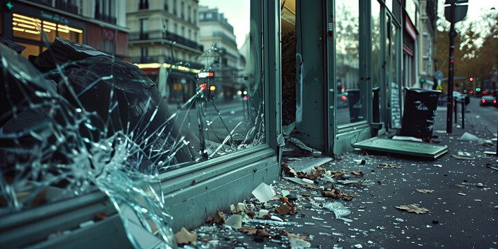 Broken glass and debris on a street of Paris after riot protest.