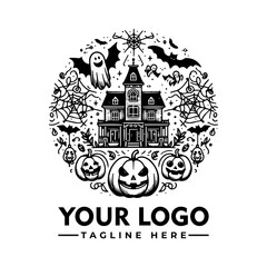 Obraz premium Spooky Halloween illustration featuring a haunted house, pumpkins, bats, ghosts, and spiderwebs in a circular design.