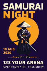 Samurai night poster with silhouette of traditional Japanese warrior holding katana in front of sunset background in retro pixel art style