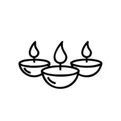 Three Black Outline Handmade Hindu God Diya Oil Lamps with Flames Lit Icon vector
