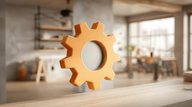 A gear icon floating  above a table. The gear symbolizing adjustment, functionality, or engineering. A continuous looping video suitable for use as a wallpaper background.