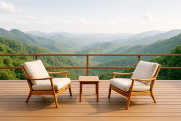 Fototapeta premium Comfortable Chairs on a Balcony Overlooking a Serene Mountain Landscape During the Early Morning Light
