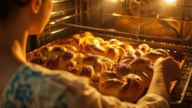 A woman is busy in a kitchen, skillfully preparing and shaping a batch of pretzels. She's placing them into an oven to cook.