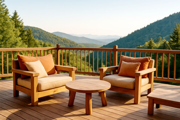 Fototapeta premium Cozy Outdoor Seating Area With Mountain View During Golden Hour in a Serene Natural Setting