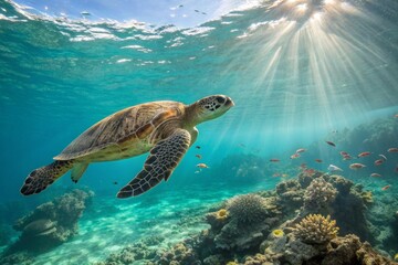 Obraz premium Sea Turtle Swimming Gracefully in Crystal Clear Waters, Coral Reef, Ocean Environment, Serene Viewpoint