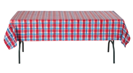 A rectangular table covered with a red, white, and blue plaid tablecloth draping over the edges.