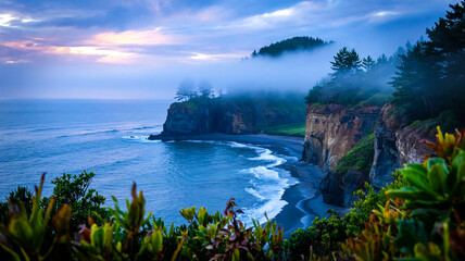 Misty morning coastal cliffs dramatic ocean view seascape