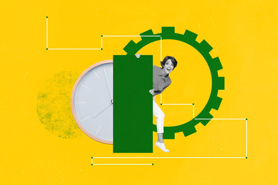 Sketch image trend artwork montage 3D photo collage of professional business job hiring young lady stand hand hold block time clock gear - Powered by Adobe