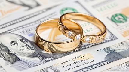 Wedding rings lie on money. Concept of fictitious marriage with financial gain.