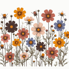 Floral arrangement showcases cosmos flowers in varied hues set against a white background