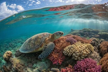 Obraz premium Turtle Resting on Coral Reef, Underwater Scene, Tropical Ocean, Photography, Clear Water, Aerial View, Marine Life