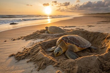 Two Sea Turtles on Sandy Shoreline, Nature Photography from a Wide Angle