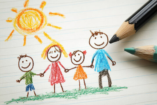 Happy family drawing with sun, rainbow, and smiling faces, created by child using colored pencil on lined paper, expressing joy and togetherness outdoors