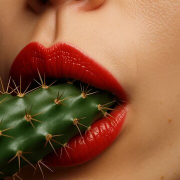 A woman bites a cactus, Extrime close up