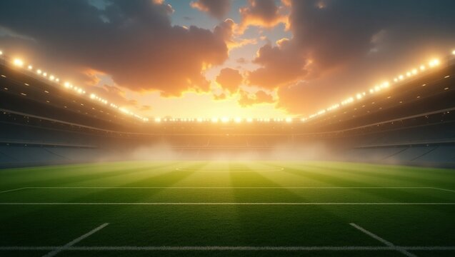 Vis&atilde;o grande angular de est&aacute;dio de futebol ao p&ocirc;r do sol,