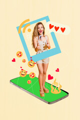 Image design trend artwork collage of young lady stand photo frame choose gesture like emoji online...