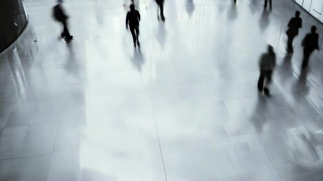 A blurry  of people walking in a mall. The people are walking in different directions and some are carrying handbags. The  has a sense of motion and activity, with people moving quickly