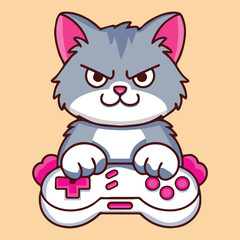 Angry Cartoon Cat Playing Video Game with Pink Controller.