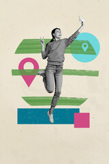 Vertical 3d art pop image collage of happy girl guy stand geolocation icon summer adventure booking...