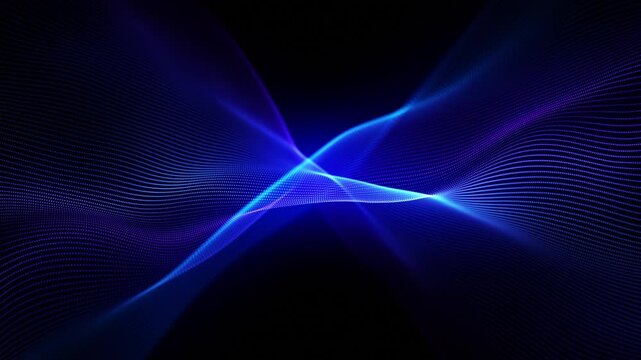 Neon background of purple and blue gradient glowing digital waves. Futuristic technology concept, vibrant energy motion. Dynamic waves flow with neon light and bokeh. Innovations, virtualization. 4k