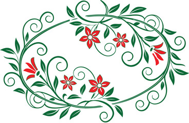 Elegant Floral Oval Frame Design Red Flowers and Green Leaves Illustration