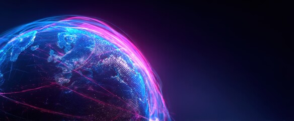The globe illuminated by vibrant digital connections and network lines.