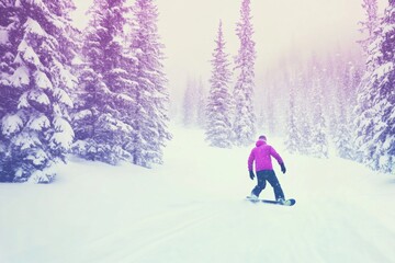 Snowboarder in Pink Jacket Navigating Snowy Tree-Lined Path