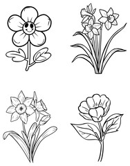 Four flower drawings with varied petal designs stems and leaf patterns