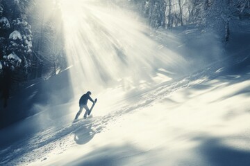 Snowboarder in Winter Landscape with Sun Rays Breaking Through Trees