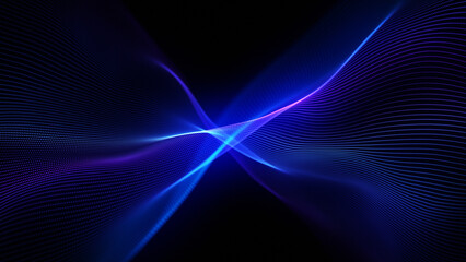 Neon background of purple and blue gradient glowing digital waves. Futuristic technology concept, vibrant energy. Dynamic waves flow with neon light and bokeh. Innovations, virtualization. 