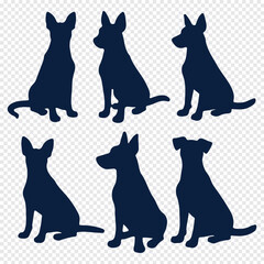Dog silhouettes vector illustration featuring various breeds, including small and large dogs in different poses. Perfect for graphic design, pet branding, and creative projects.