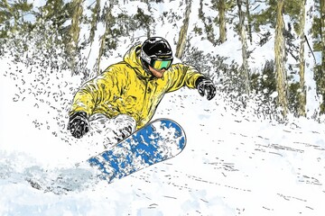 Snowboarder in Yellow Jacket Carving through Fresh Snowy Landscape