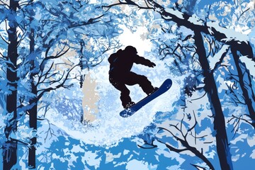 Snowboarder Jumping Through Winter Forest with Snowy Landscape