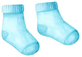 Watercolor illustration of two blue baby socks on transparent background.