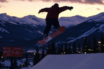 Snowboarder Leaps off Ramp Against Mountain Sunset Backdrop