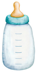 Watercolor baby bottle with blue cap on transparent background.