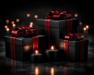 Dark gift boxes with red ribbon, sitting on a dark surface with glowing candles