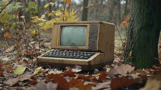 Vintage computer abandoned in a forest, surrounded by autumn leaves and trees, evoking nostalgia